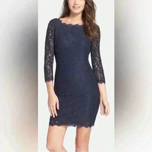 ADRIANNA PAPELL Evenings Formal Navy Blue Lace Lined Sheath Dress 3/4 Sleeves 8